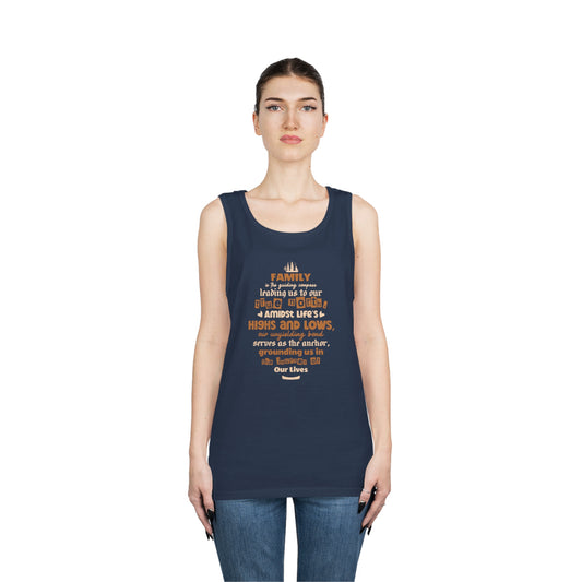 On Person 1 (Female) wearing sport Navy tank top with "Family is the guiding compass" typography.