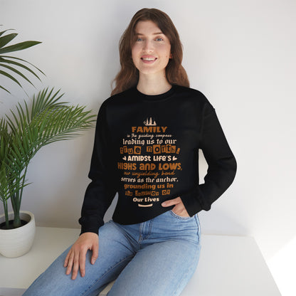 "Witness the Guided by Family - Unisex Heavy Blend™ Crewneck Sweatshirt in a myriad of colors and sizes, each adorned with a typography design reflecting the enduring strength and unity found in family connections."