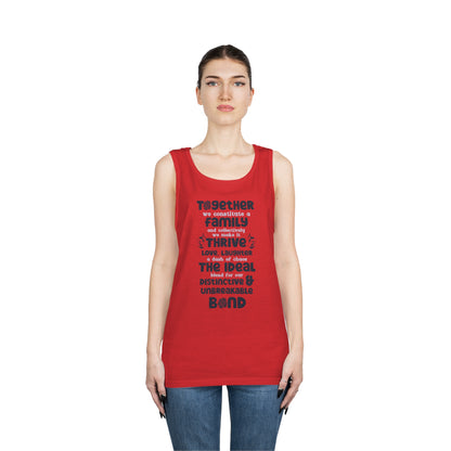 Front View On The Female Model In Red Color of the "Thriving Unity - Unisex Heavy Cotton Tank Top featuring a typographic design with the quote "Together, we constitute a family, and collectively, we make it thrive. Love, laughter, and a dash of chaos – t