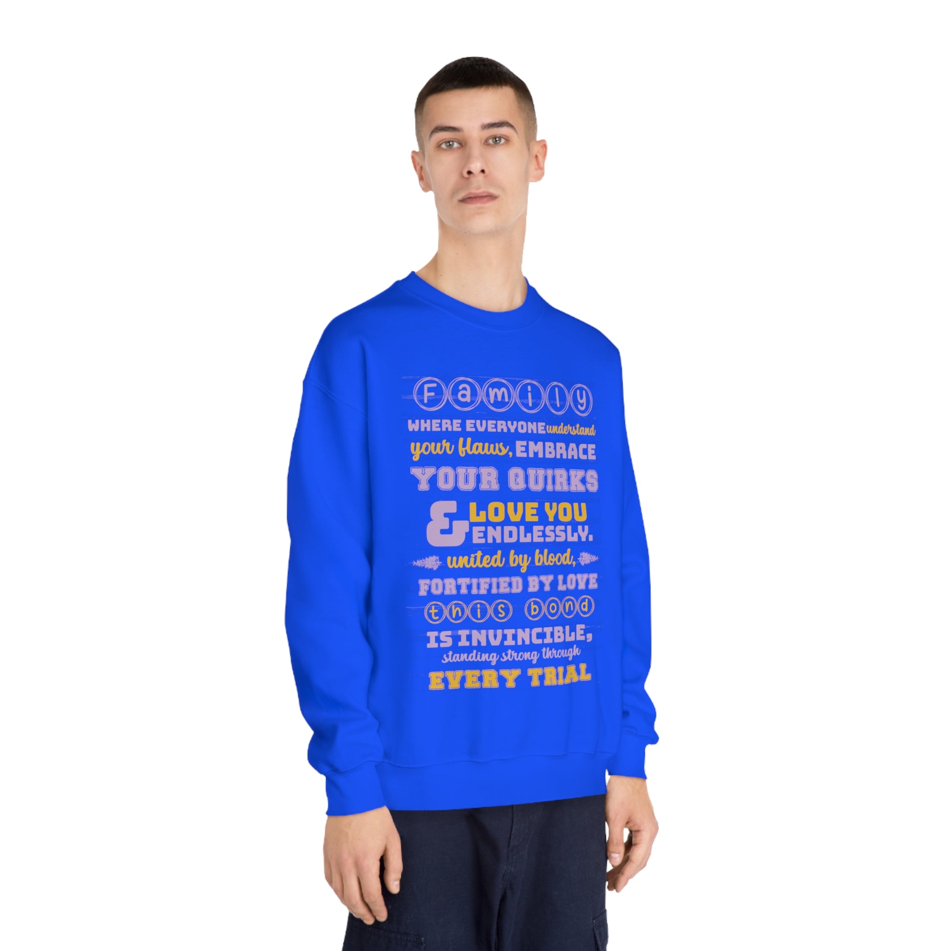 Different Sizes And Typography Design Based On The Quote Related To Family Bonding View of Product Embrace the Bond - Unisex DryBlend® Crewneck Sweatshirt In Royal Color