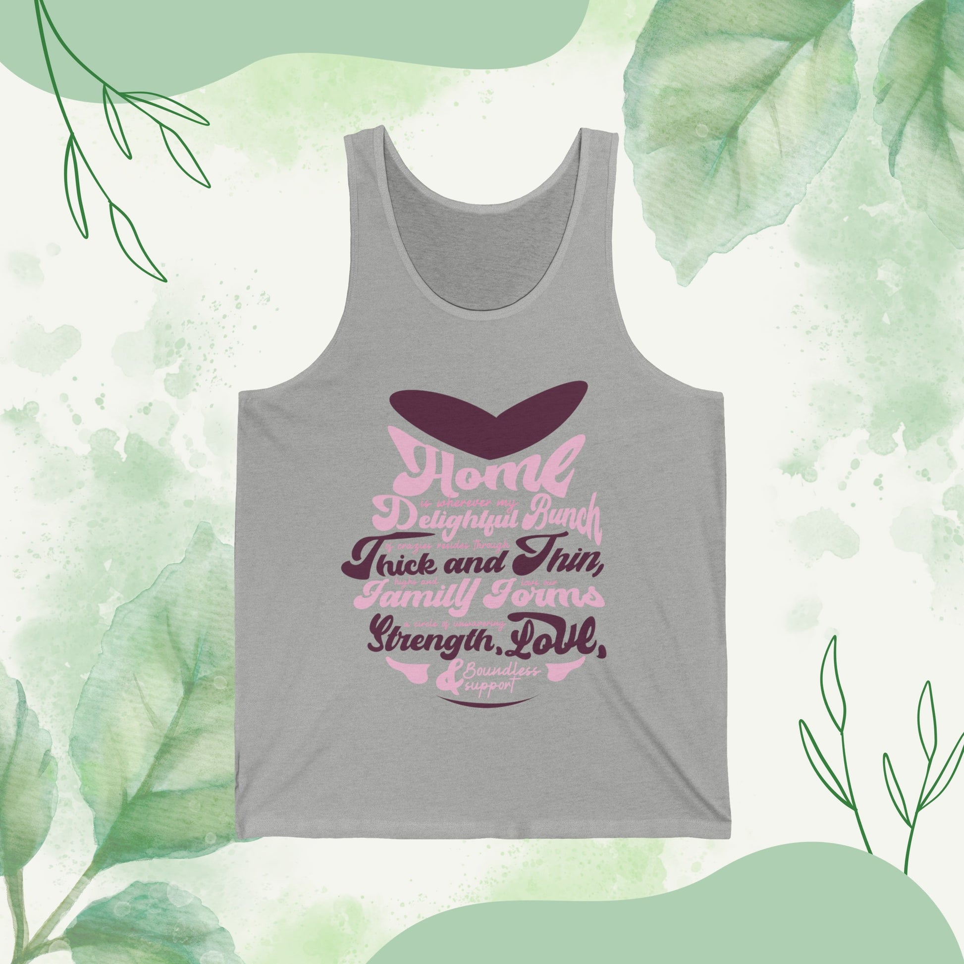 "Visual representations of the Family Circle of Strength - Unisex Jersey Tank Top in diverse color palettes and sizes, all embellished with a typography design capturing the essence of familial bonds and unity."