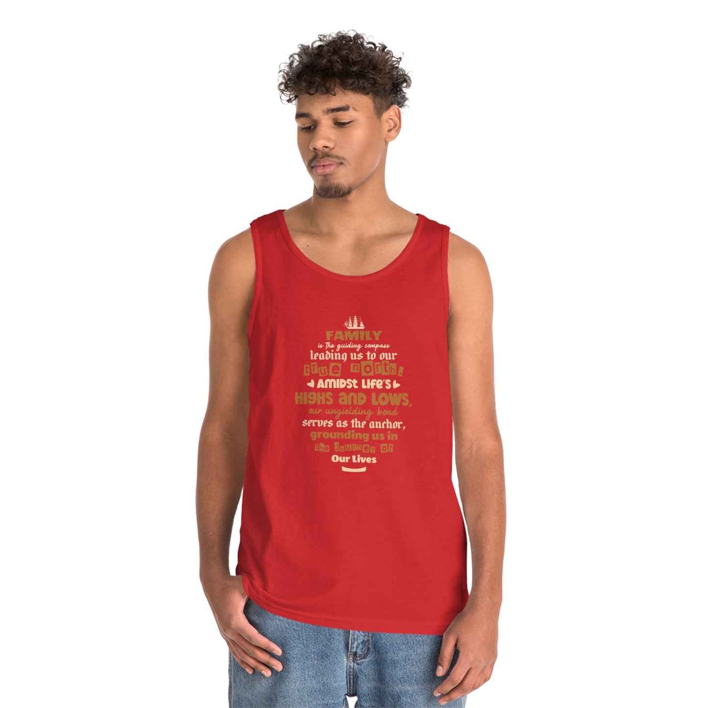 On Person 1 (Male) modeling Red tank top with quote typography design.