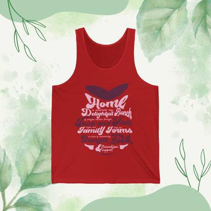 "Visual representations of the Family Circle of Strength - Unisex Jersey Tank Top in diverse color palettes and sizes, all embellished with a typography design capturing the essence of familial bonds and unity."