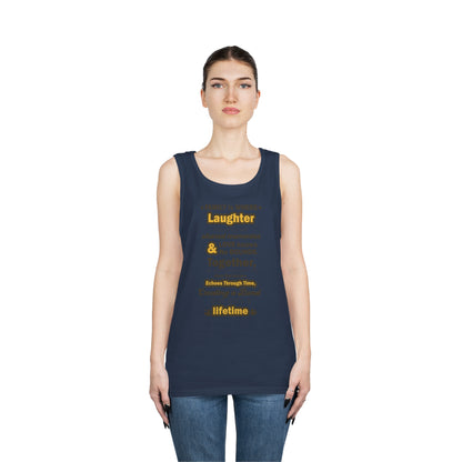 Navy female front View of the Eternal Bond - Unisex Heavy Cotton Tank Top featuring a typography design inspired by the quote: 'Family is where laughter intertwines with shared memories, and love knows no bounds. Together, we craft a heartwarming story th