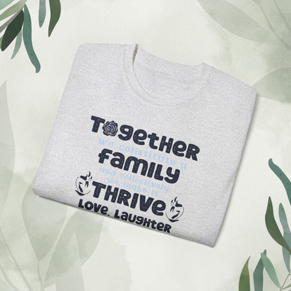 "A collection of mockups showcasing the Thrive Together With Unisex Ultra Cotton Tee in various sizes and colors, accompanied by a typography design inspired by the enduring unity of family."