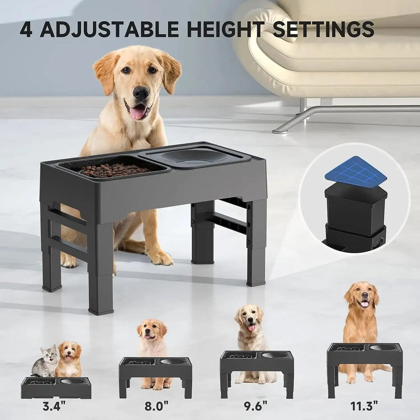 Adjustable Elevated Food and Water Bowl for Pets, Enhance your pet's mealtime with our adjustable food and water bowl. Features slow feeder design, anti-slip pads, and adjustable heights for all life stages