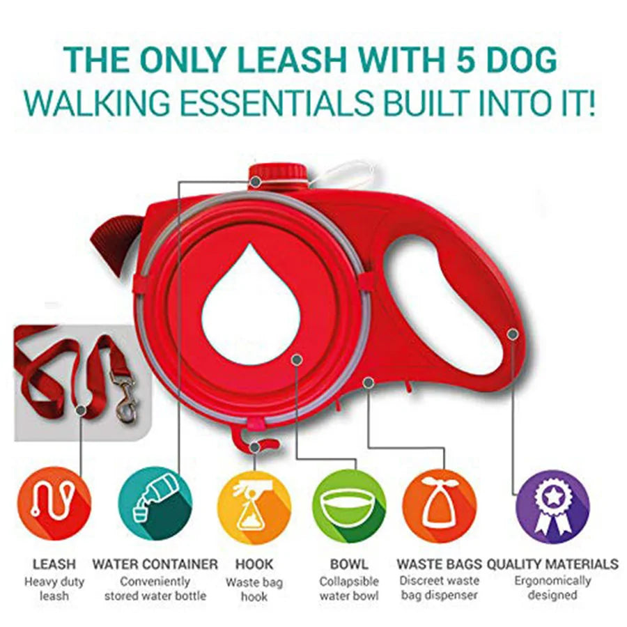 Retractable Dog Leash with Built-In Water Dispenser, Discover our Retractable Dog Leash featuring a built-in water dispenser, waste bag holder, and durable nylon construction for convenient, hassle-free walks.